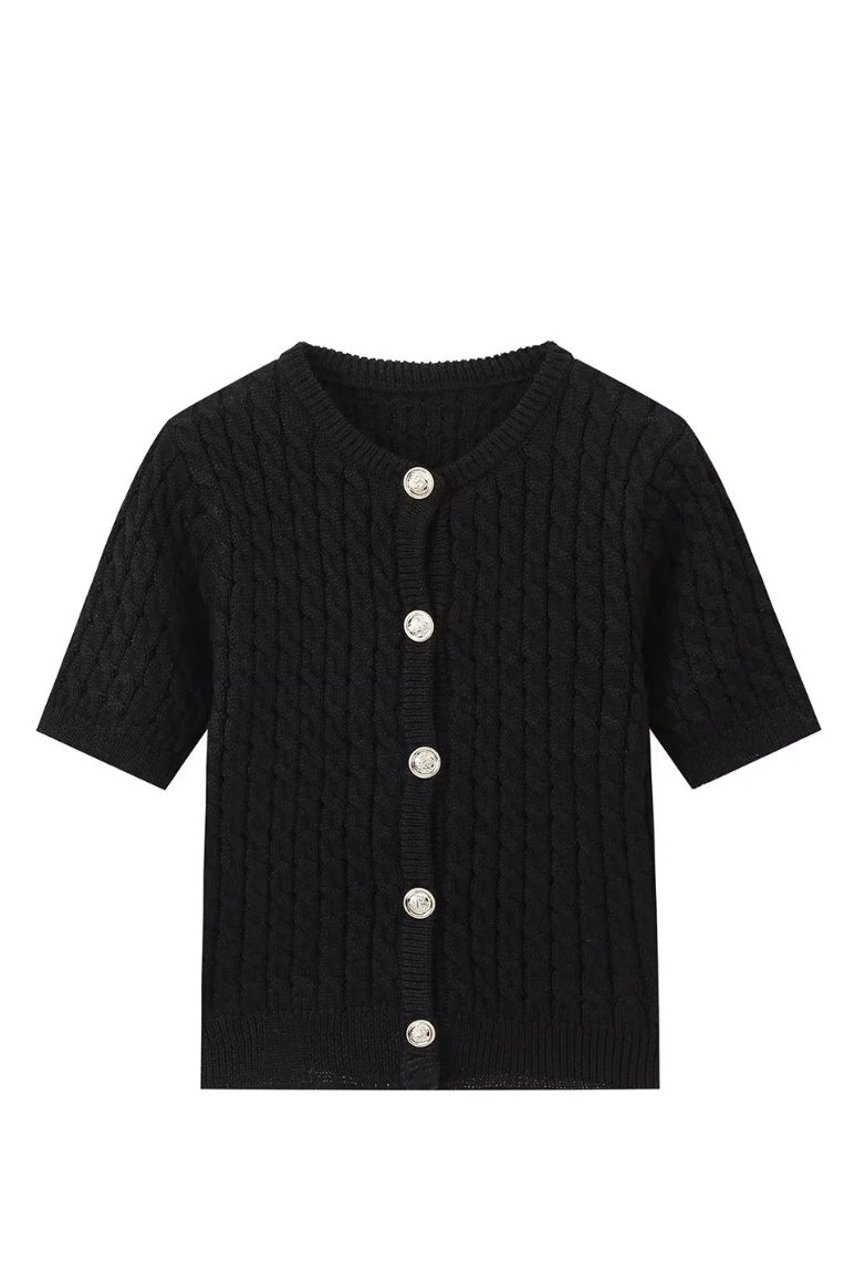 Slim-fit round neck knit short-sleeved cardigan