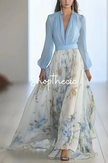 Long-sleeved V-neck chiffon print maxi dress