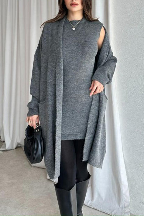 Solid color sleeveless round neck dress knitted cardigan two-piece set