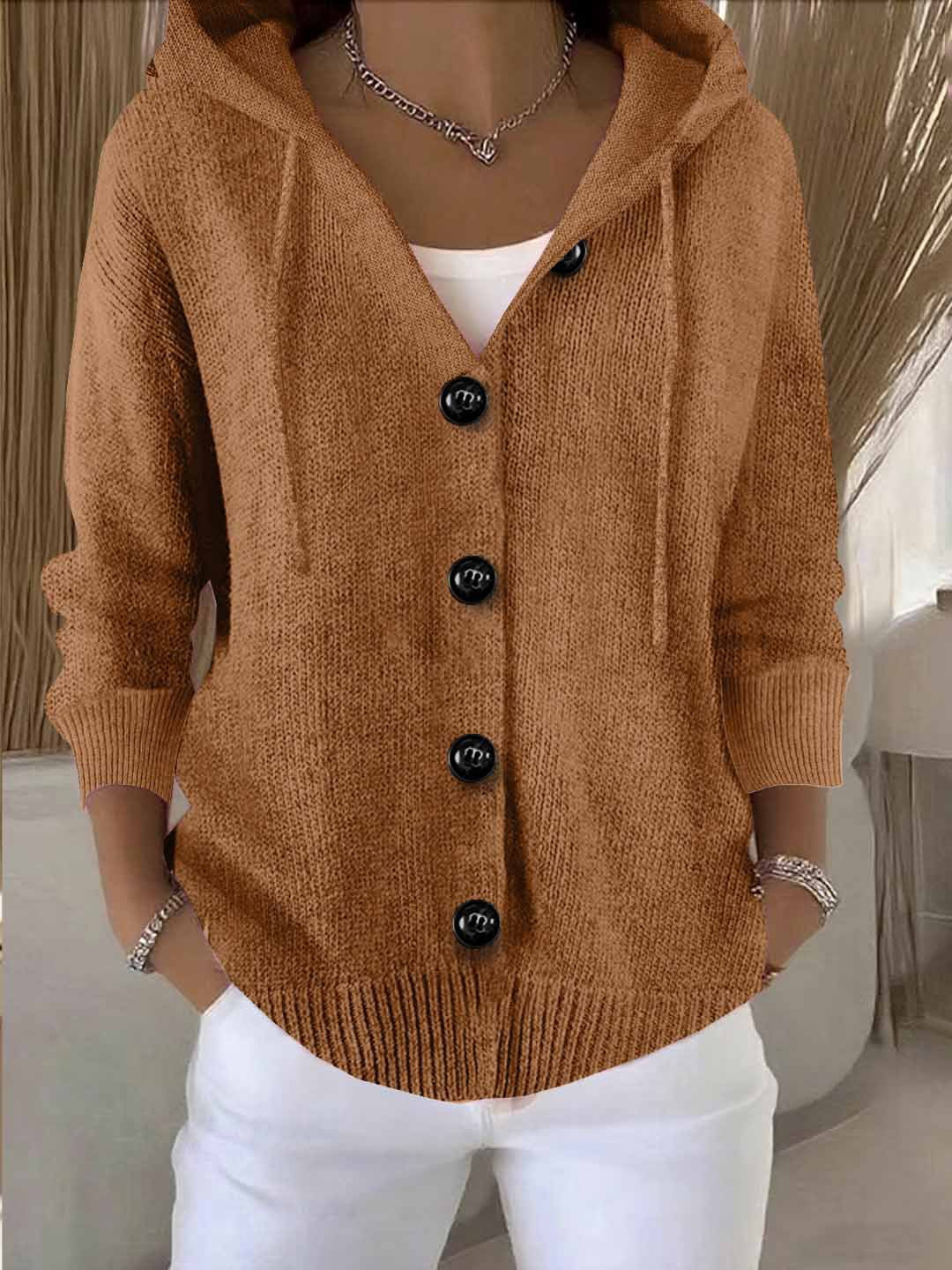 Cozy Long-sleeved button-down hooded knit cardigan