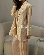 Sequined V-neck loose-fitting suit jacket and wide-leg pants set