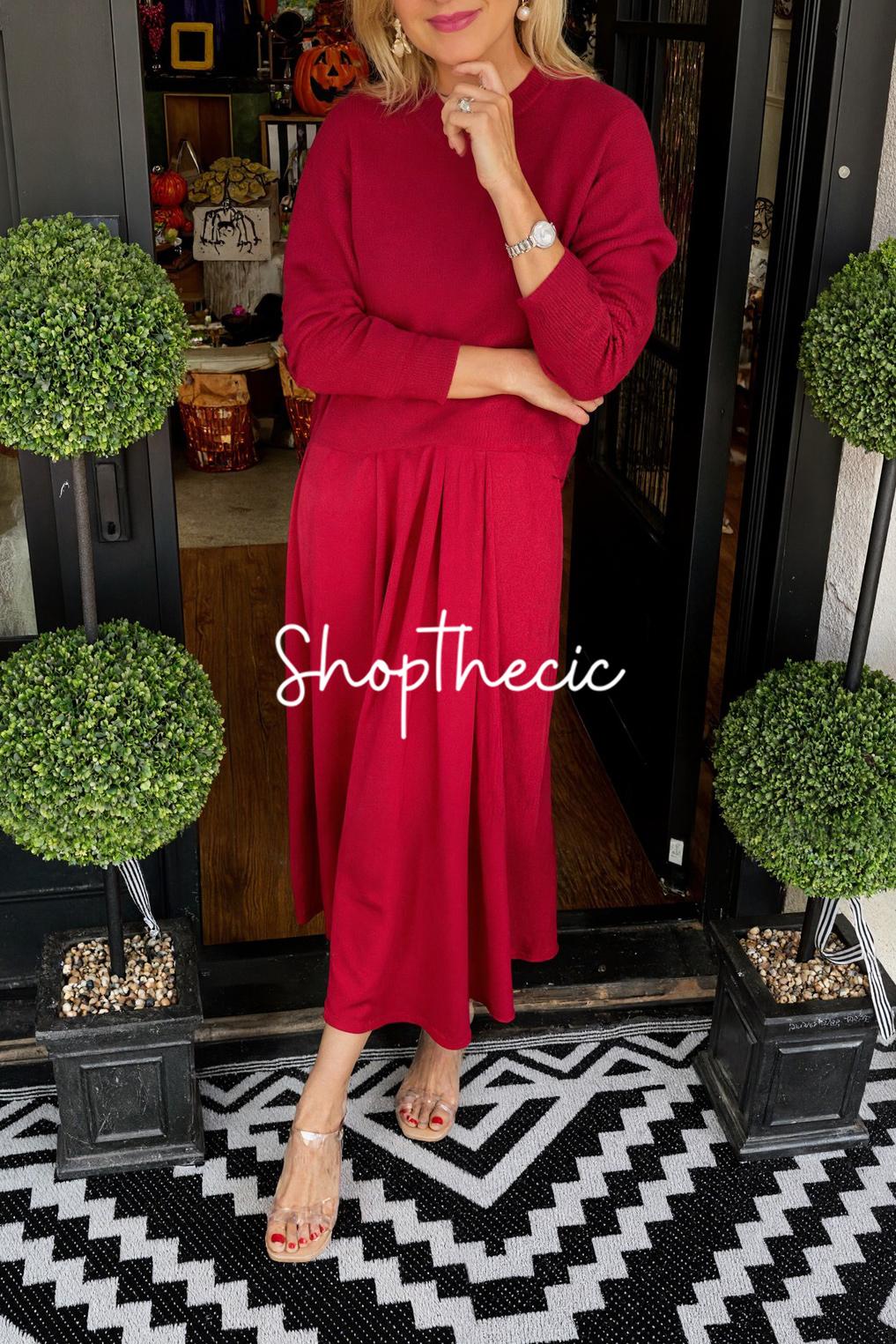 Solid color crew neck long-sleeved sweater and loose skirt two-piece set