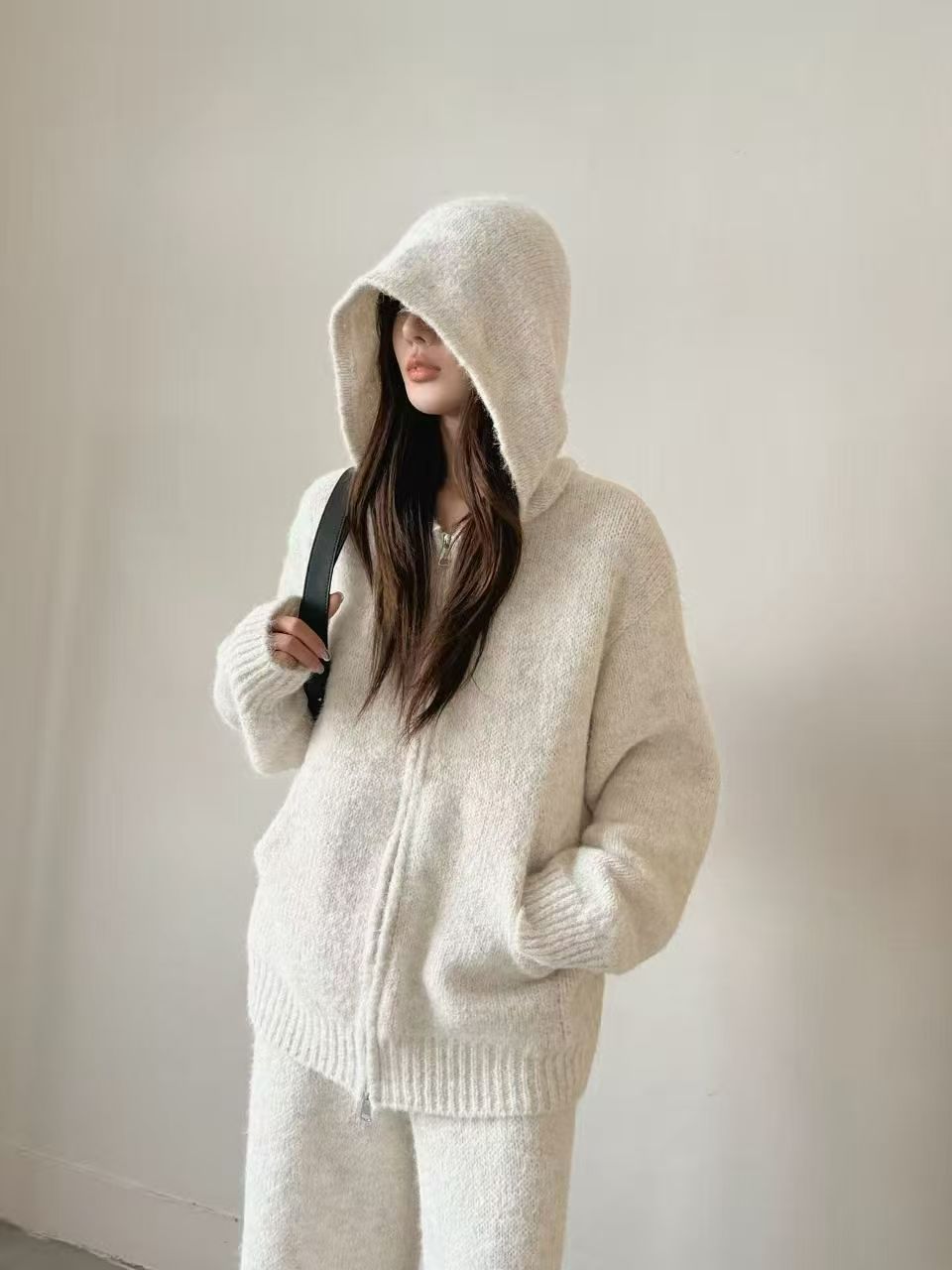 Loose Thickened Knit Hooded Zipper Cardigan Wide-Leg Pants Two-Piece Set