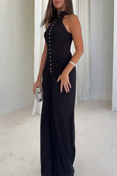 Sleeveless half-high collar multi-button slim-fit long dress