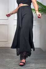 Lace-lined side slits lace-up loose-fitting trousers