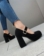 Suede Waterproof Platform Chunky Heel Square-toe Pumps