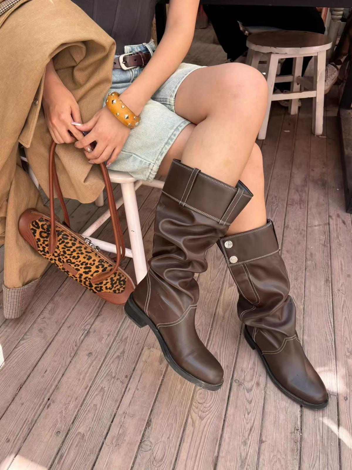 Retro side buttons above-the-knee length Western cowboy Boots