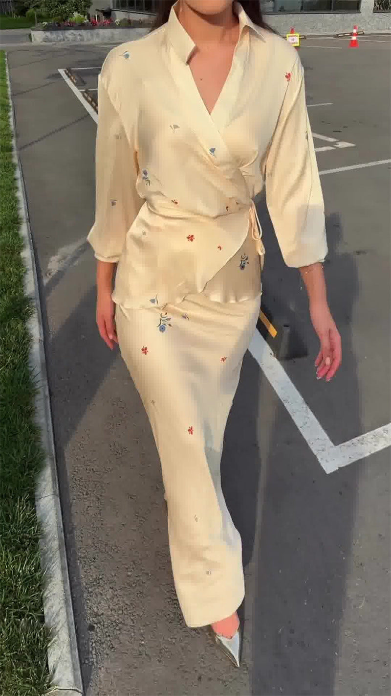 Satin long-sleeved tie-print top and skirt two-piece set