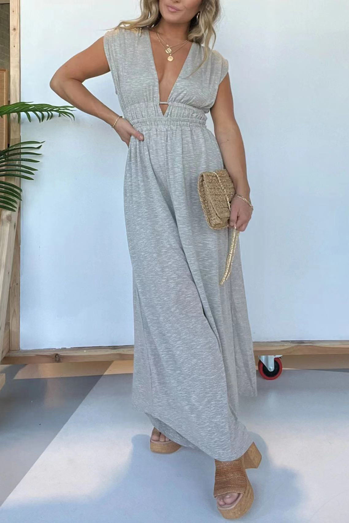 V-neck Elastic Waist Wide Leg Jumpsuit