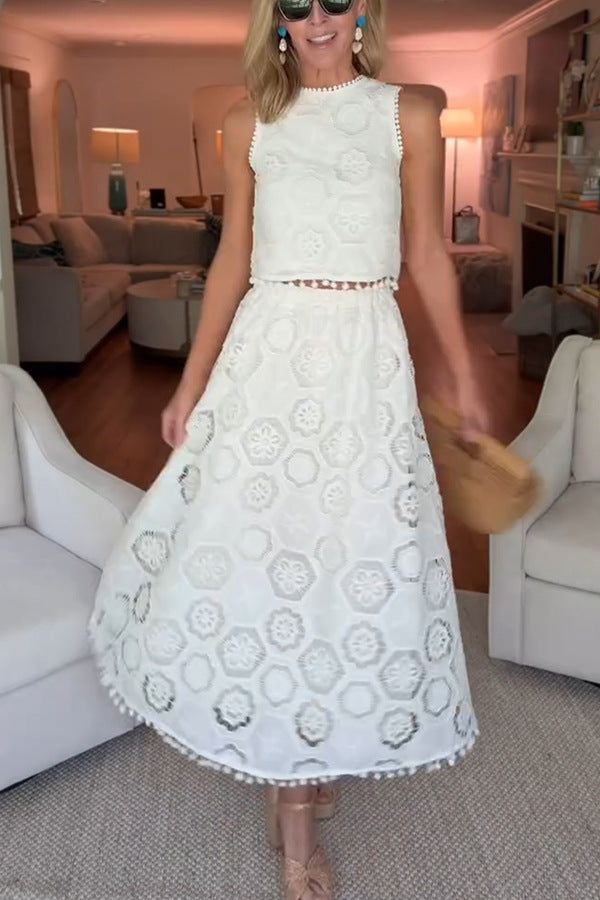 Ärmelloser, bestickter Rockanzug, lässiger, lockerer Urlaubs-Zweiteiler