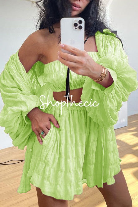 Pleated shirt tube top and high-waisted shorts three-piece set