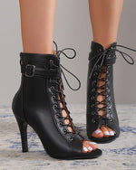 Römersandalen mit Riemchen und hohem Absatz und Peep Toe