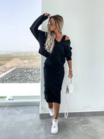 Solid Color V-Neck Long Sleeve Sweatshirt Suspender Slim Maxi Dress Two Piece Set