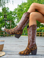 Leopard toe embroidered upper chunky heel boots