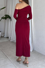 Long-sleeved slant collar lace exposed backpack hip slim dress