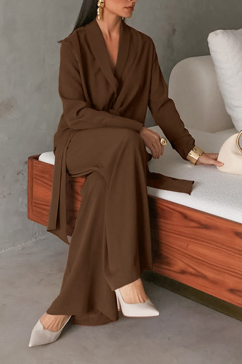Long-sleeved V-neck tie top and wide-leg pants two-piece suit