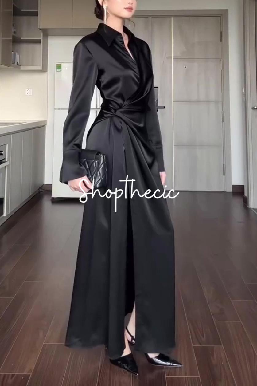 V-neck slim-fit solid color high-waisted shirt dress