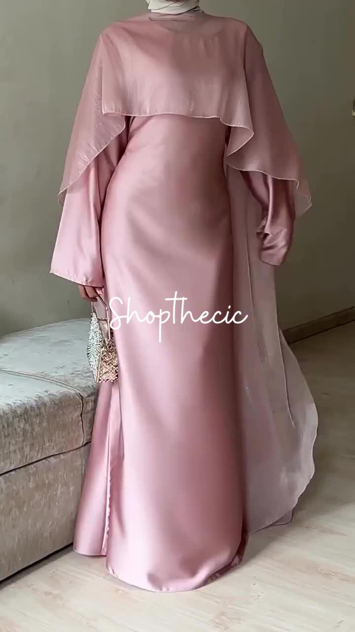 Elegant pink silk long dress with shawl