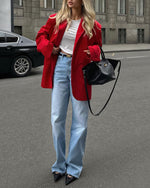 Rote, lockere Anzugjacke mit unregelmäßigem Taschendesign