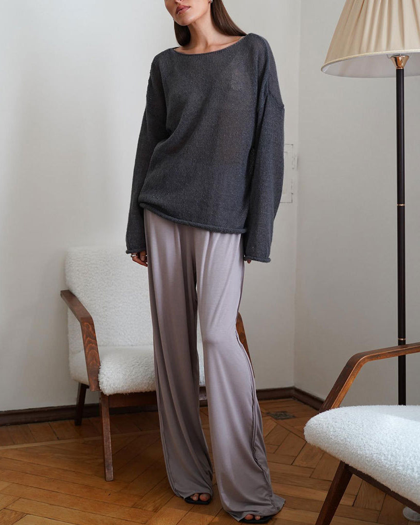 See-through thin scoop neck flared sleeve knitted T-shirt