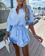 Striped mid-length sleeve shirt and shorts two-piece suit