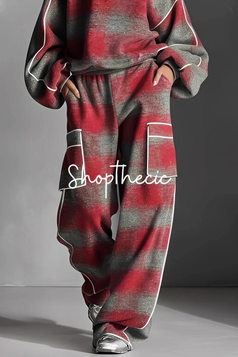 Distressed street style color-blocked trim pullover sweater and trousers suit