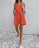 Cotton and Linen Vest and Shorts Business casual Outfits Set