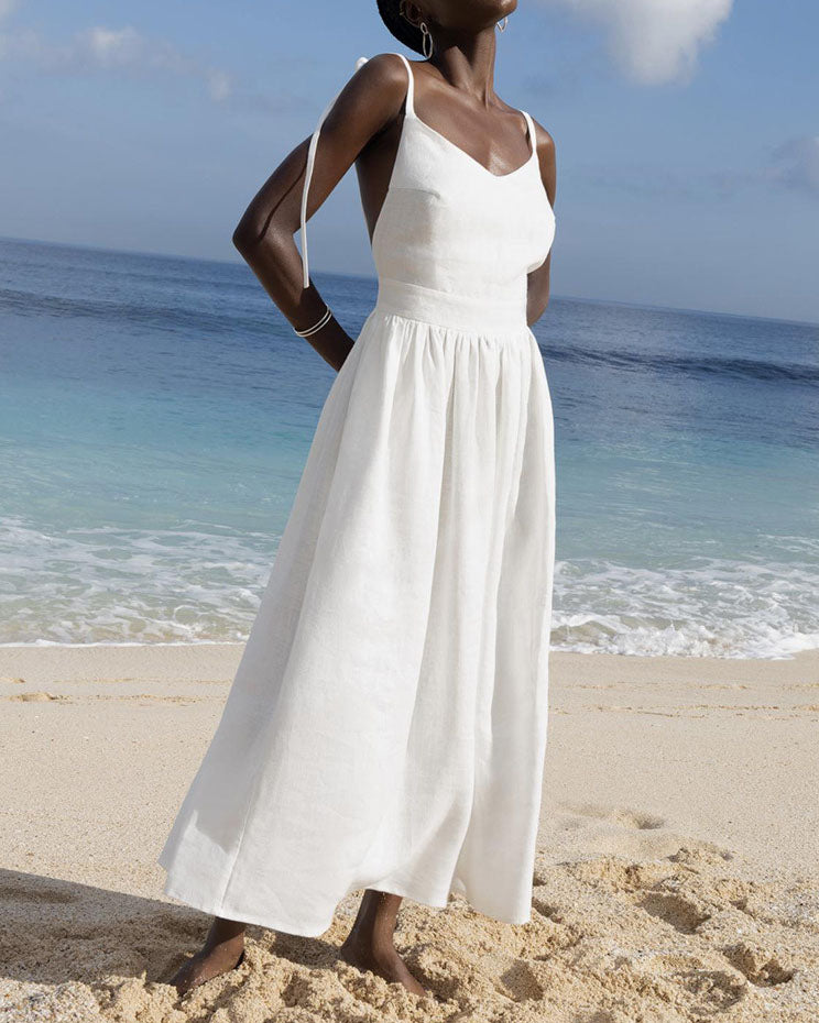 Trägerloses, rückenfreies Kleid aus reiner Baumwolle mit V-Ausschnitt