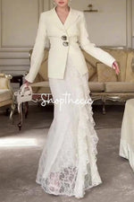 Completo due pezzi con giacca e gonna in pizzo, eco dell'Art Déco