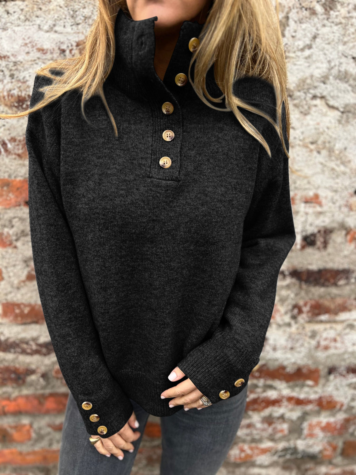 Stand collar solid color button loose sweater