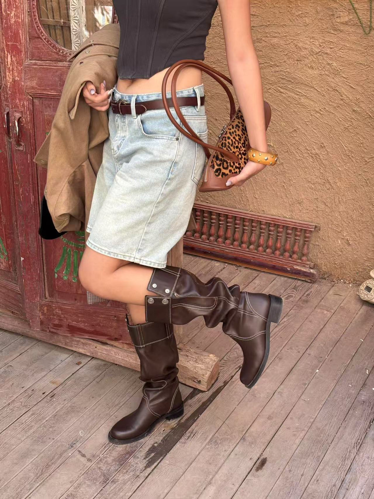 Retro side buttons above-the-knee length Western cowboy Boots