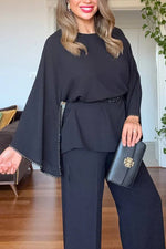 Rhinestone long-sleeved top and wide-leg pants set