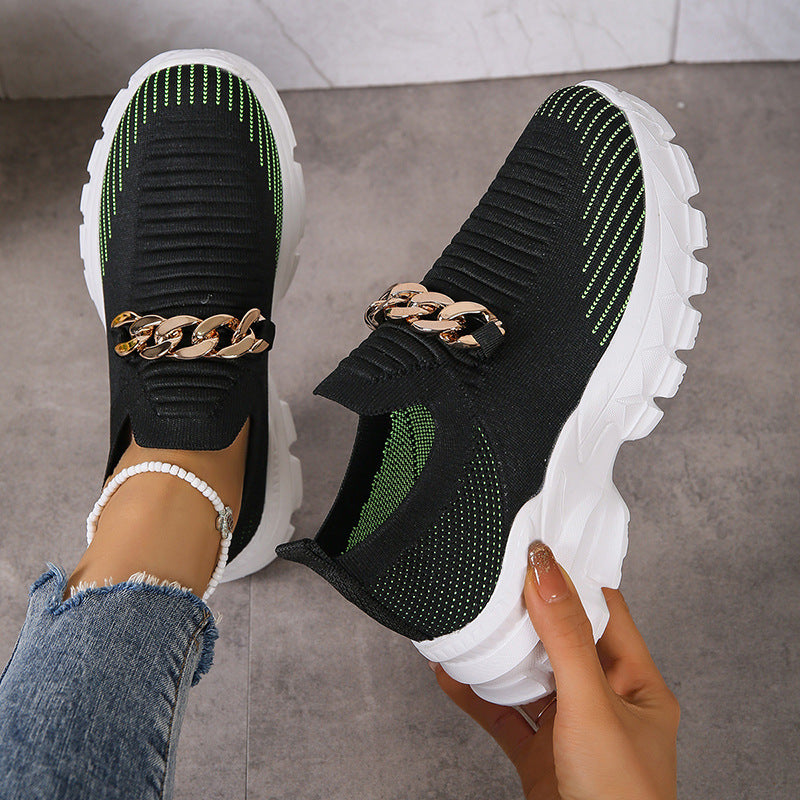 Metal chain thick breathable fly knit sneakers