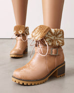 Two-way lace-up thick-heeled warm furry low boots