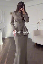 Retro-style feminine long-sleeved V-neck fitted top and bodycon long skirt set
