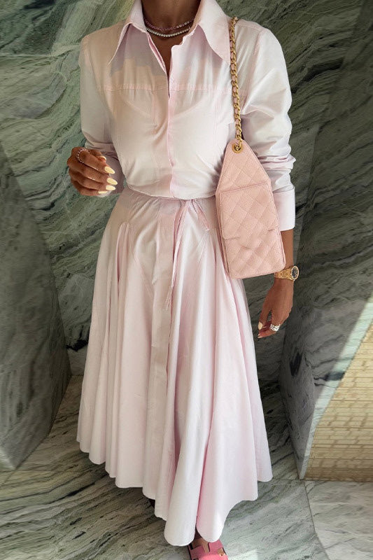 Light pink blouse and long skirt two-piece suit