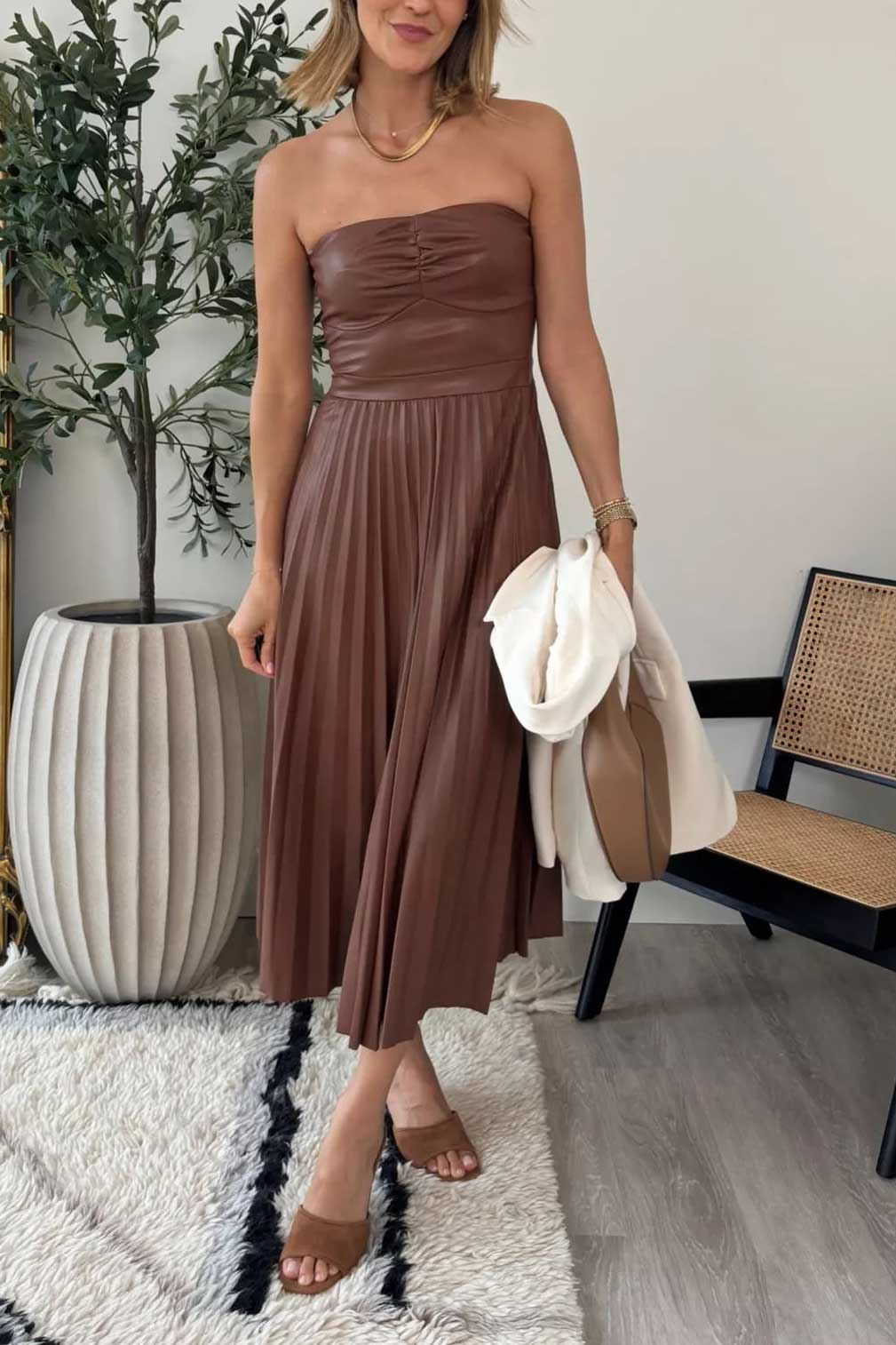Wrap-around pleated midi leather dress