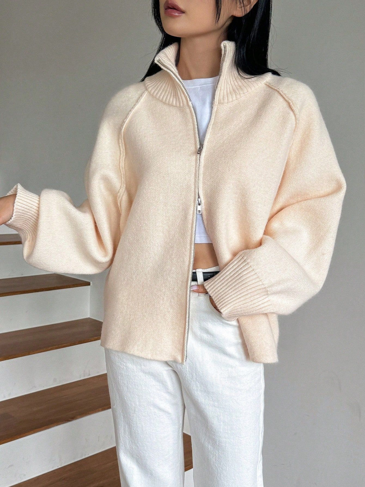 Cozy solid color stand collar zipper knitted cardigan top