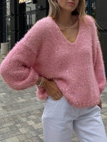 Pink shiny silk v-neck sweater pullover