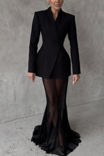 Zweiteiliges Set aus langärmligem Satinoberteil und lockerem elastischem Netzrock