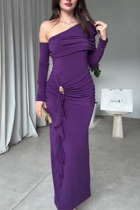 Long-sleeved slant collar lace exposed backpack hip slim dress