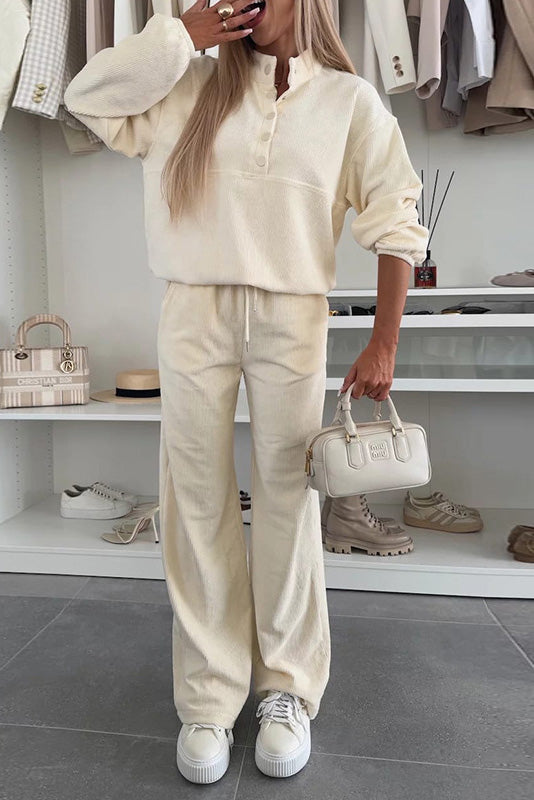 Button-down stand-up collar sweatshirt jacket and trousers Two-piece set