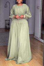 Round neck long-sleeved top elastic waist pleated skirt two-piece set