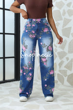 Printed mid-rise loose straight leg jeans