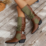 Bottes mi-mollet à talon bloc et bout pointu avec empiècements en toile