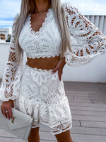 Hollow embroidered cropped long-sleeved top and skirt two-piece set