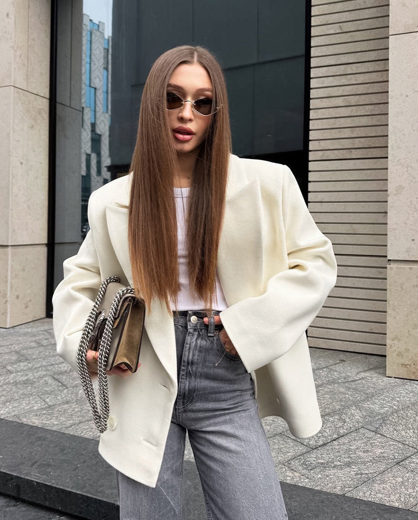 Vermont Village Double-breasted beige woolen suit jacket