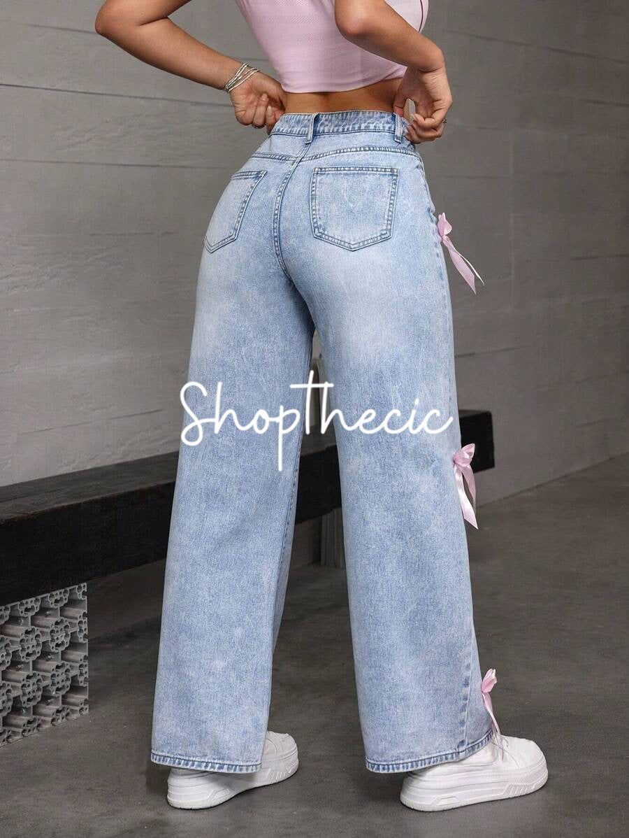 Bow-tie straight wide-leg washed jeans