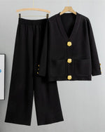 Chic gold large button knitted sweater and wide-leg pants two-piece suit