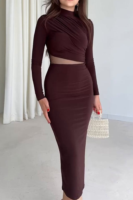 Solid color long sleeve high collar exposed waist hip slim dress